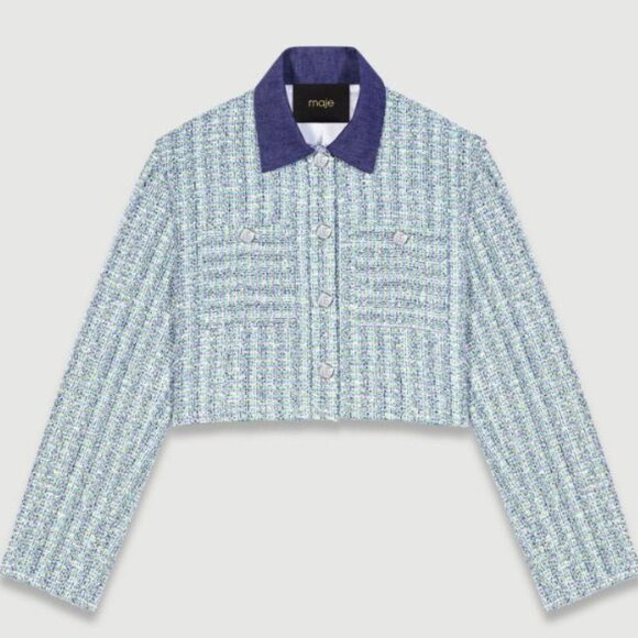 Maje Jackets & Blazers - Maje Blue Tweed Cropped Jacket - Size 42, L-XL